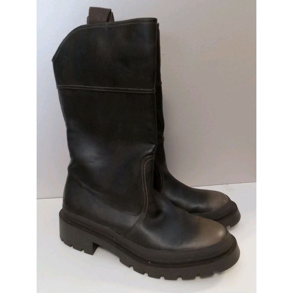 Zara Brown Faux Leather Distressed Lug Rubber Sole Round Toe Boots Size 42